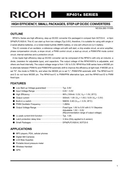 Ricoh RP401x Series Step-Up DC/DC Converters Datasheet - cover page