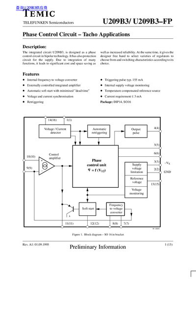 Temics U209B3/U209B3-FP Phase Control Circuit Datasheet - cover page