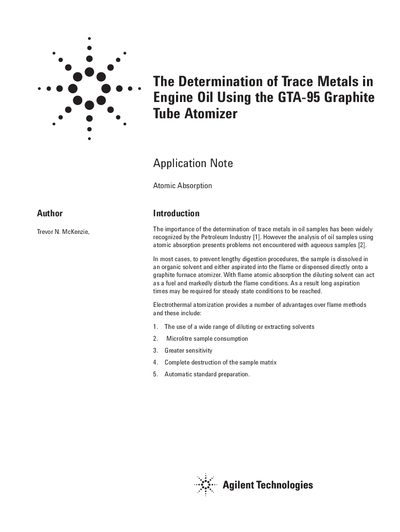 Agilent Technologies GTA-95 Application Note for Trace Metal Determination in Engine Oil - cover page