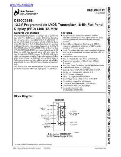 National Semiconductor DS90C363B +3.3V Programmable LVDS Transmitter 18-Bit Flat Panel Display (FPD) Link -65 MHz handbook - cover page