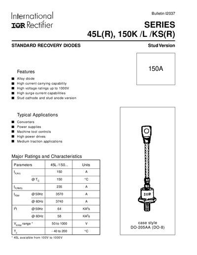 International Rectifier 45L(R) 150K/L/KS(R) Series Standard Recovery Diodes Datasheet