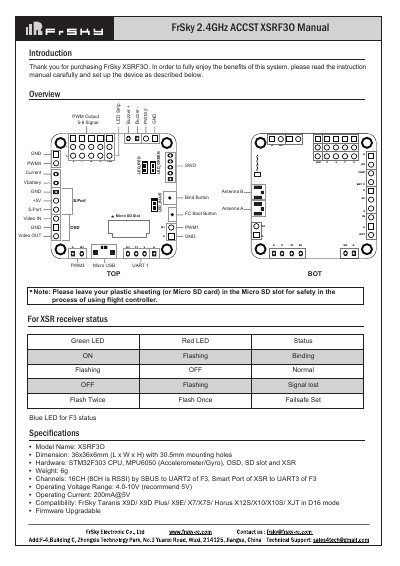 FrSky XSRF3O Flight Controller User Manual - cover page