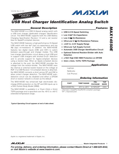 Maxim MAX14550E USB Host Charger Identification Analog Switch Datasheet - cover page