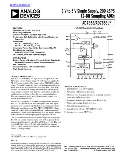ANALOG DEVICES AD7853/AD7853L* 3 V to 5 V Single Supply 200 kSPS 12-Bit Sampling ADCs handbook - cover page