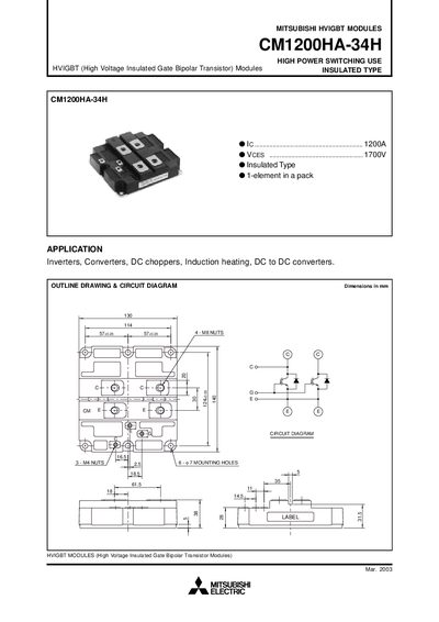 Mitsubishi Electric CM1200HA-34H HVIGBT Module Datasheet - cover page