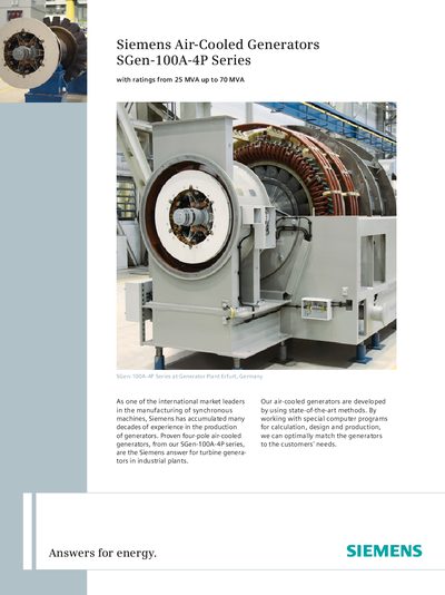 Siemens SGen-100A-4P Series Air-Cooled Generator Product Leaflet - cover page