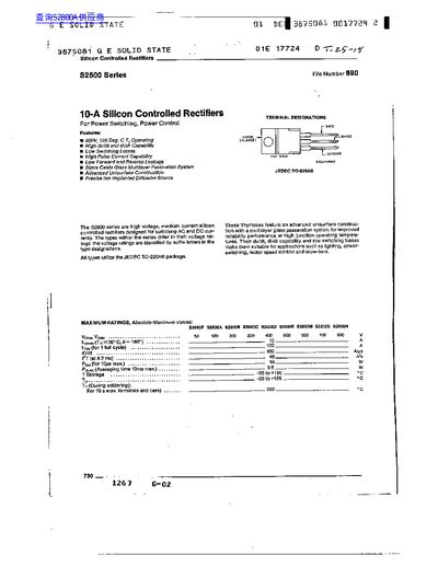 GE S2800 Series Silicon Controlled Rectifier Datasheet - cover page