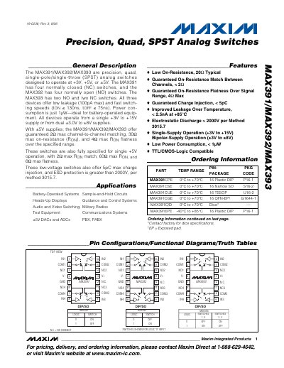 Maxim MAX391/MAX392/MAX393 Precision Quad SPST Analog Switches Datasheet - cover page