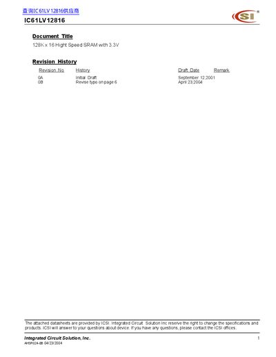 Integrated Circuit Solution IC61LV12816 128K x 16 SRAM Datasheet - cover page