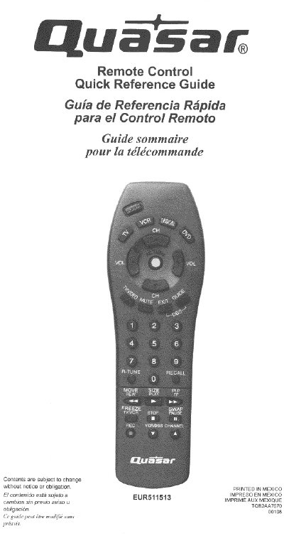 Panasonic EUR511513 Remote Control Quick Reference Guide - cover page