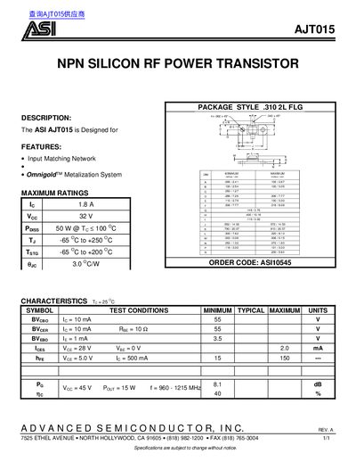 ASI AJT015 NPN Silicon RF Power Transistor Datasheet - cover page