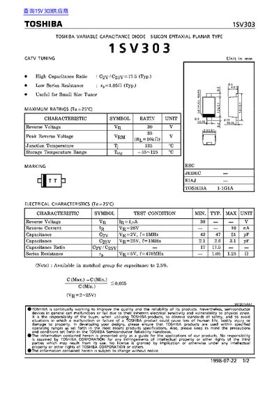 Toshiba 1SV303 Variable Capacitance Diode Datasheet - cover page