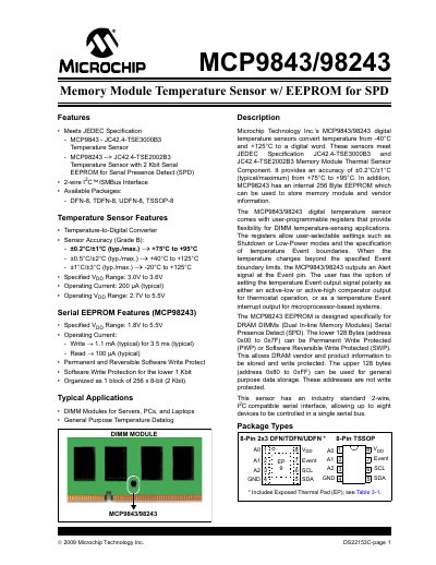 Microchip MCP9843/MCP98243 Memory Module Temperature Sensor with EEPROM Datasheet - cover page