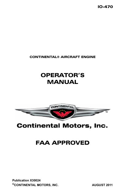 Continental IO-470 Series Aircraft Engine Operator Manual - cover page