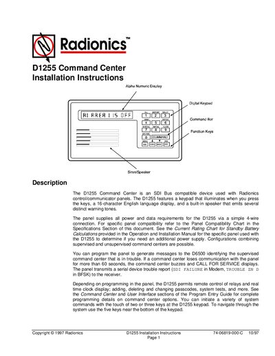 Radionics D1255 Command Center Installation Instructions - cover page