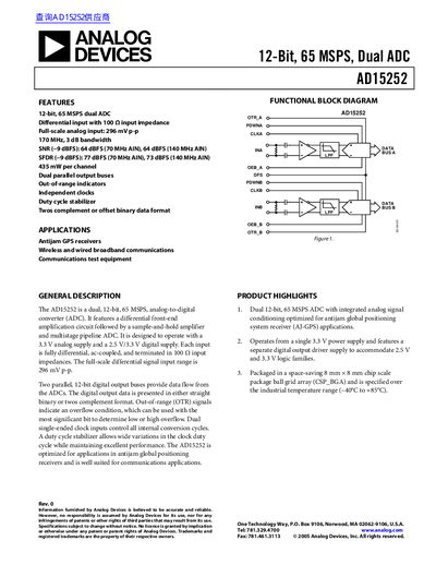 Analog Devices AD15252 12-Bit 65 MSPS Dual ADC Datasheet - cover page