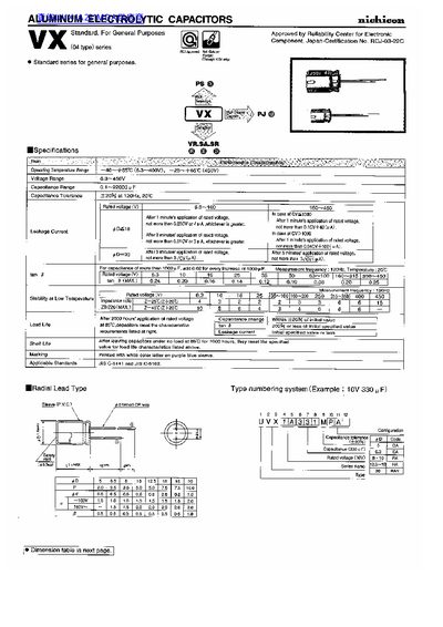 Nichicom VX Aluminum Electrolytic Capacitor Datasheet - cover page