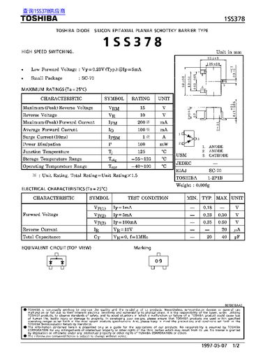 Toshiba 1SS378 Silicon Schottky Barrier Diode Datasheet - cover page