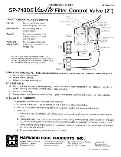 HAYWARD SP0740DE Vari-Flo Filter Control Valve(2'') INSTRUCTION SHEET - cover page