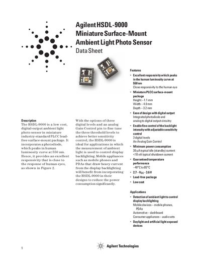Agilent HSDL-9000 Miniature Surface-Mount Ambient Light Photo Sensor Data Sheet - cover page