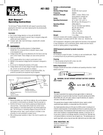 IDEAL 61-063 Volt Sensor Operating Instructions - cover page