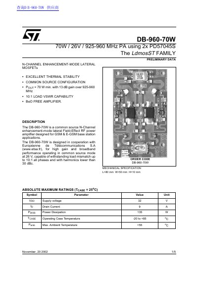 STMicroelectronics DB-960-70W RF Power Amplifier Preliminary Data Sheet - cover page