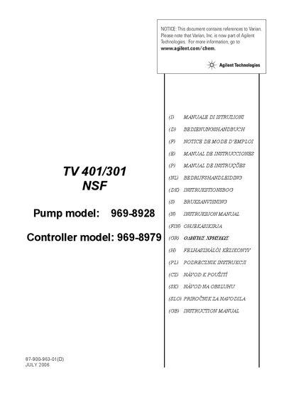 Agilent Technologies Turbo-V 401/301 NSF 969-8928 Manual - cover page