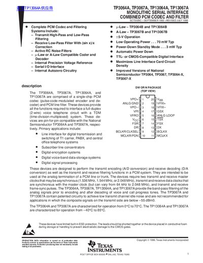 Texas Instruments TP3064A, TP3067A, TP13064A, TP13067A Monolithic Serial Interface Combined PCM Codec and Filter Datashe - cover page
