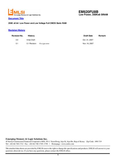 EMLSI EM620FU8B SRAM Datasheet - cover page