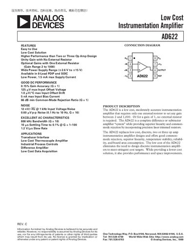 Analog Devices AD622 Instrumentation Amplifier Datasheet - cover page