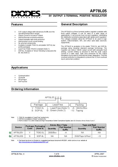 Diodes AP78L05 5V Output Positive Regulator Datasheet - cover page