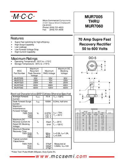 Micro Commercial Components MUR7005 THRU MUR7060 Datasheet - cover page