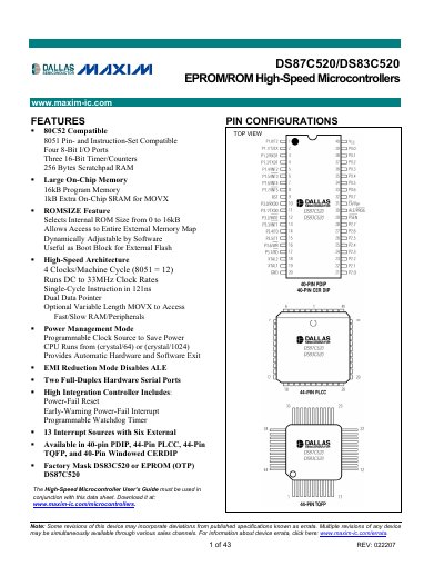 Maxim DS87C520/DS83C520 High-Speed Microcontroller Datasheet - cover page