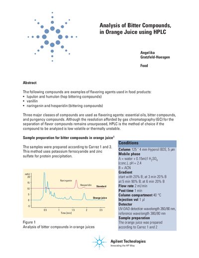 Agilent Analysis of Bitter Compounds in Orange Juice using HPLC Application Note - cover page