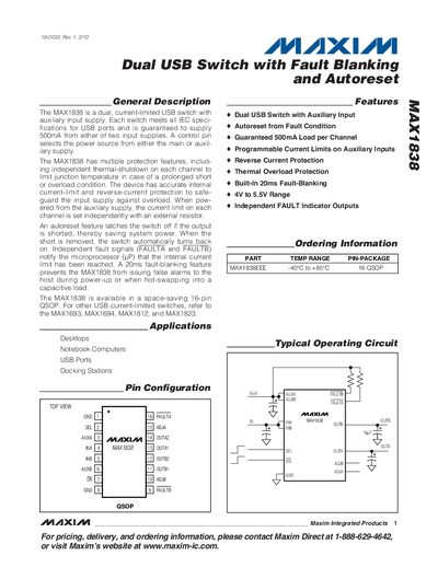 Maxim MAX1838 Dual USB Switch with Fault Blanking and Autoreset Datasheet - cover page