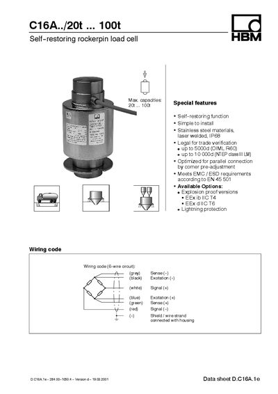 HBM C16A../20t ... 100t Self--restoring rockerpin load cell handbook - cover page
