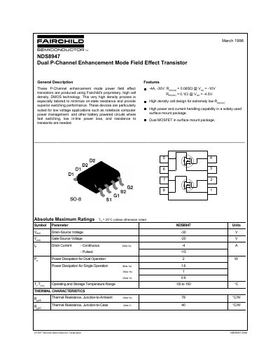 Fairchild Semiconductor NDS8947 Dual P-Channel Enhancement Mode FET Datasheet - cover page