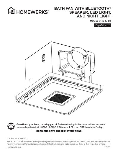Homewerks 7130-13-BT Bath Fan User Manual - cover page