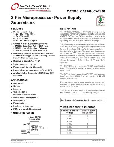 Catalyst Semiconductor CAT803, CAT809, CAT810 Datasheet