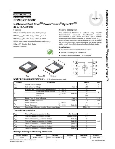 Fairchild FDMS2510SDC N-Channel Dual Cool PowerTrench SyncFET Datasheet - cover page