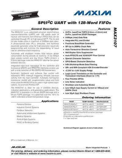 Maxim MAX3107 SPI/I2C UART with 128-Word FIFOs Datasheet - cover page
