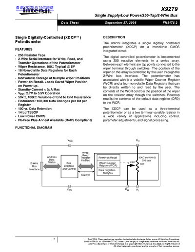 intersil X9279 Single Supply/Low Power/256-Tap/2-Wire Bus handbook - cover page