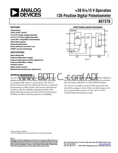 Analog Devices AD7376 Digital Potentiometer Datasheet - cover page