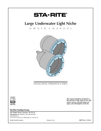 Sta-Rite Large Underwater Light Niche Installation and Operation Manual - cover page