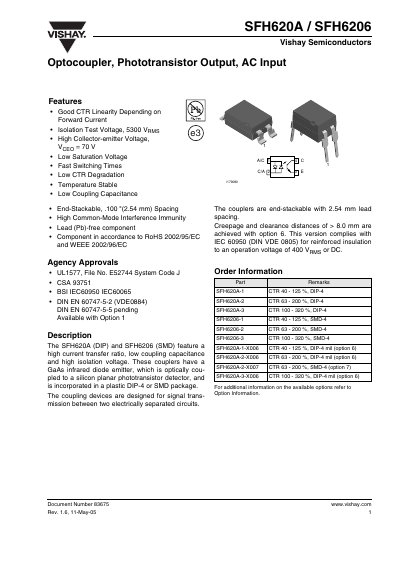 Vishay SFH620A / SFH6206 Optocoupler Datasheet - cover page