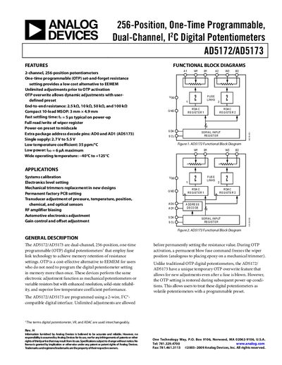 Analog Devices AD5172/AD5173 Digital Potentiometers Specification Sheet - cover page