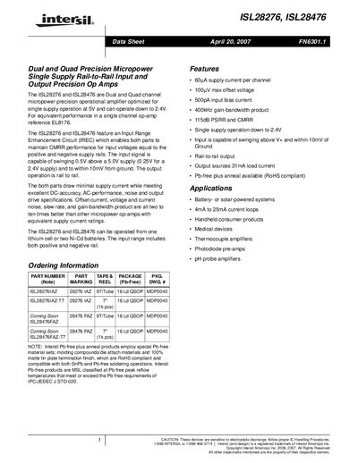 Intersil ISL28276 & ISL28476 Dual/Quad Precision Micropower Op Amp Data Sheet - cover page