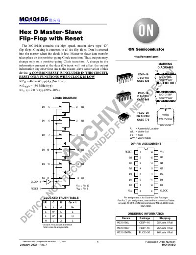 ON Semiconductor MC10186 Hex D Master-Slave Flip-Flop with Reset Datasheet - cover page