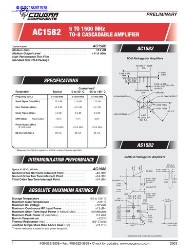 COUGAA AC1582 5 TO 1500 MHz TO-8 CASCADABLE AMPLIFIER - cover page