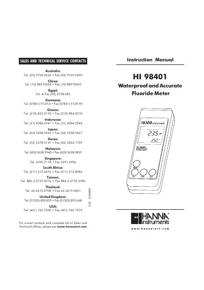Hanna Instruments HI 98401 Fluoride Meter Instruction Manual - cover page